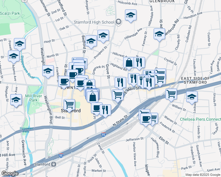 map of restaurants, bars, coffee shops, grocery stores, and more near 29 Grove Street in Stamford