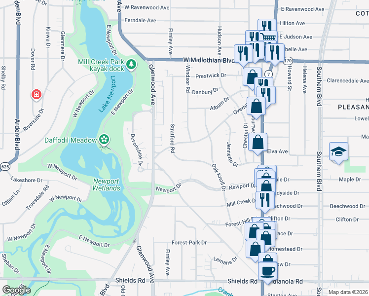 map of restaurants, bars, coffee shops, grocery stores, and more near 4225 Stratford Road in Youngstown