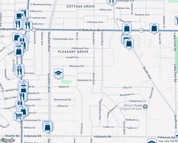 map of restaurants, bars, coffee shops, grocery stores, and more near 262 Wychwood Lane in Youngstown