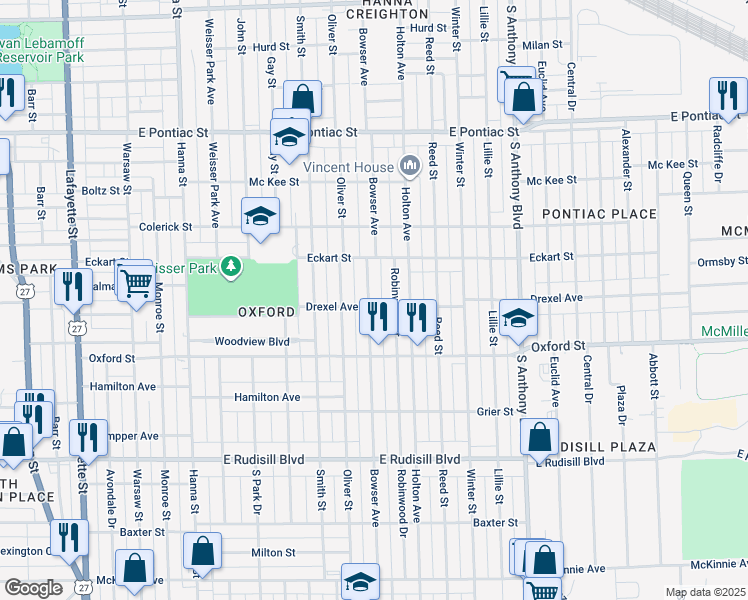 map of restaurants, bars, coffee shops, grocery stores, and more near 3226 Bowser Avenue in Fort Wayne