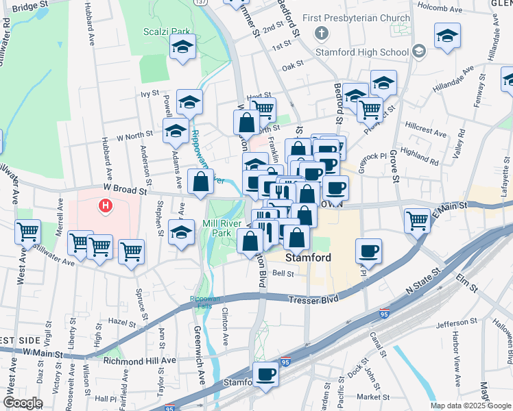 map of restaurants, bars, coffee shops, grocery stores, and more near 7 West Broad Street in Stamford