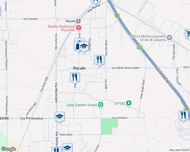 map of restaurants, bars, coffee shops, grocery stores, and more near 38-42 Via Filippo Turati in Recale