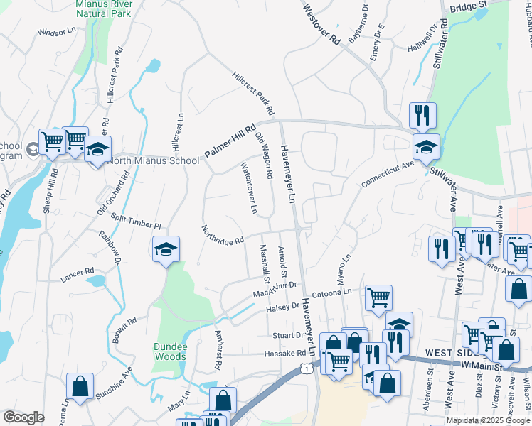 map of restaurants, bars, coffee shops, grocery stores, and more near 1 Watchtower Lane in Greenwich