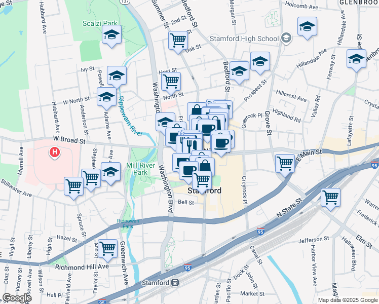 map of restaurants, bars, coffee shops, grocery stores, and more near 229 Summer Street in Stamford
