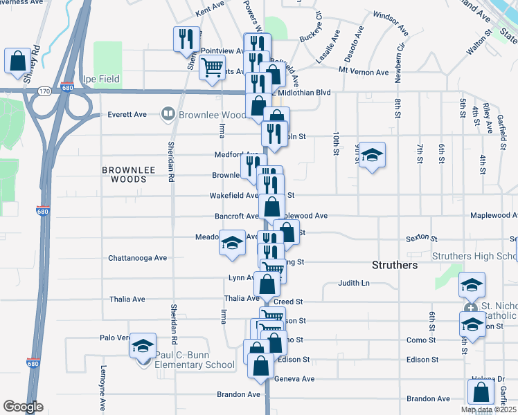 map of restaurants, bars, coffee shops, grocery stores, and more near 4424 Youngstown-Poland Road in Youngstown