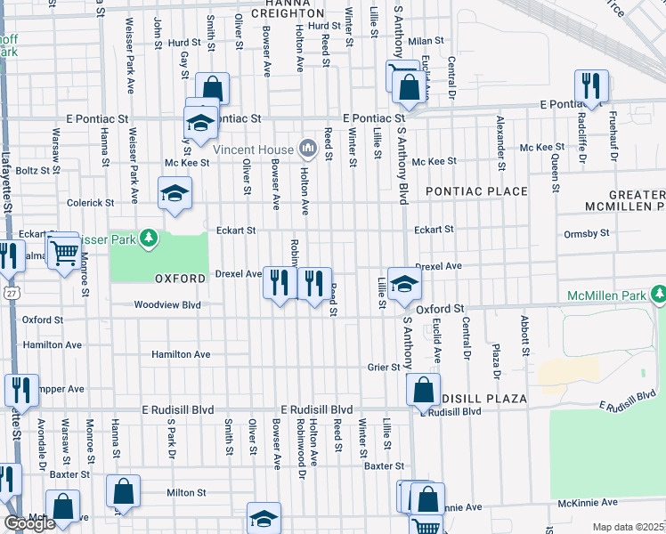 map of restaurants, bars, coffee shops, grocery stores, and more near 3225 Reed Street in Fort Wayne