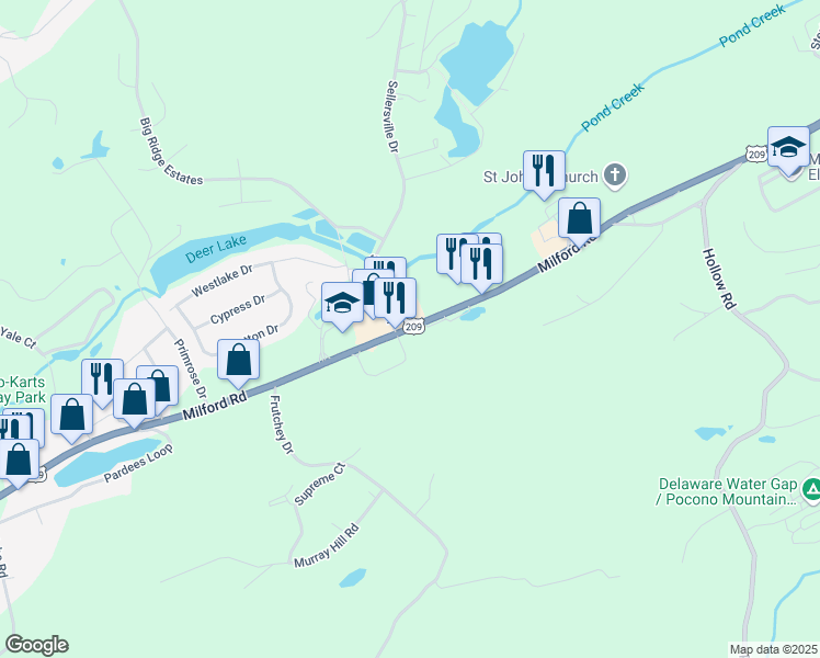 map of restaurants, bars, coffee shops, grocery stores, and more near 5180 Milford Road in East Stroudsburg