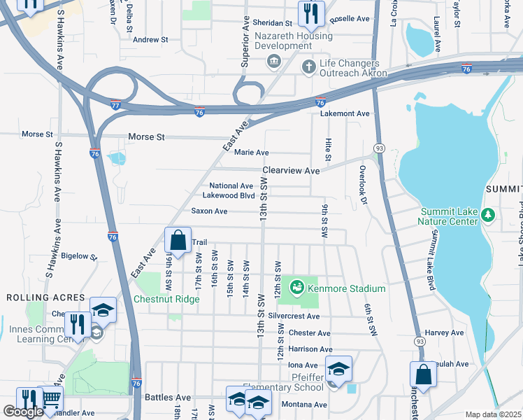 map of restaurants, bars, coffee shops, grocery stores, and more near 859 Saxon Avenue in Akron