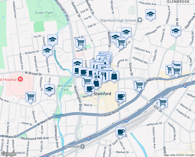 map of restaurants, bars, coffee shops, grocery stores, and more near in Stamford