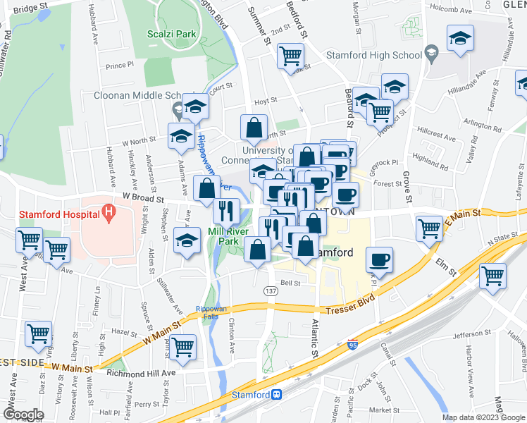 map of restaurants, bars, coffee shops, grocery stores, and more near 7 West Broad Street in Stamford