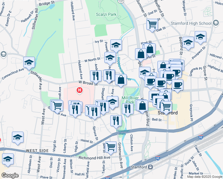 map of restaurants, bars, coffee shops, grocery stores, and more near 24 Oak Hill Street in Stamford