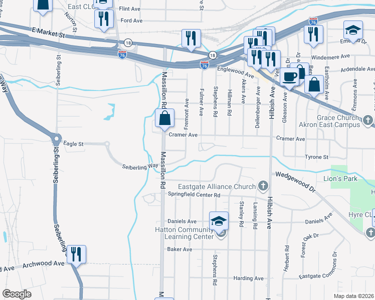 map of restaurants, bars, coffee shops, grocery stores, and more near 249 Fremont Avenue in Akron