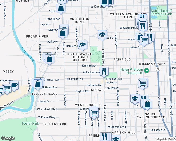 map of restaurants, bars, coffee shops, grocery stores, and more near 701 West Packard Avenue in Fort Wayne