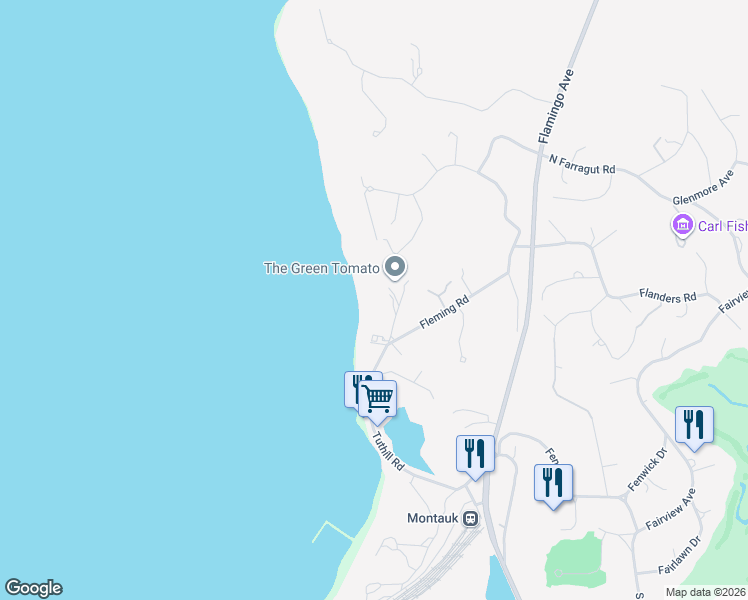 map of restaurants, bars, coffee shops, grocery stores, and more near 74 Firestone Road in Montauk