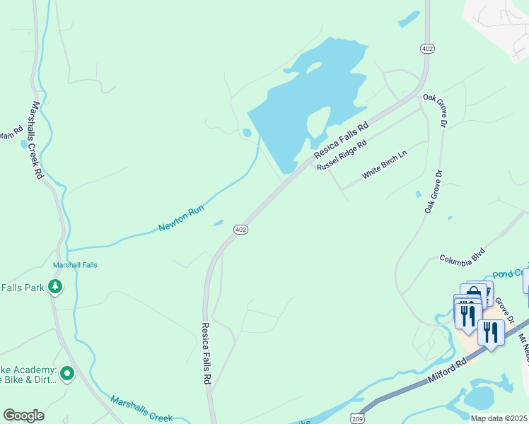 map of restaurants, bars, coffee shops, grocery stores, and more near 494 Resica Falls Road in East Stroudsburg