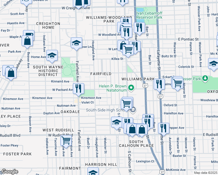 map of restaurants, bars, coffee shops, grocery stores, and more near 3228 Webster Street in Fort Wayne