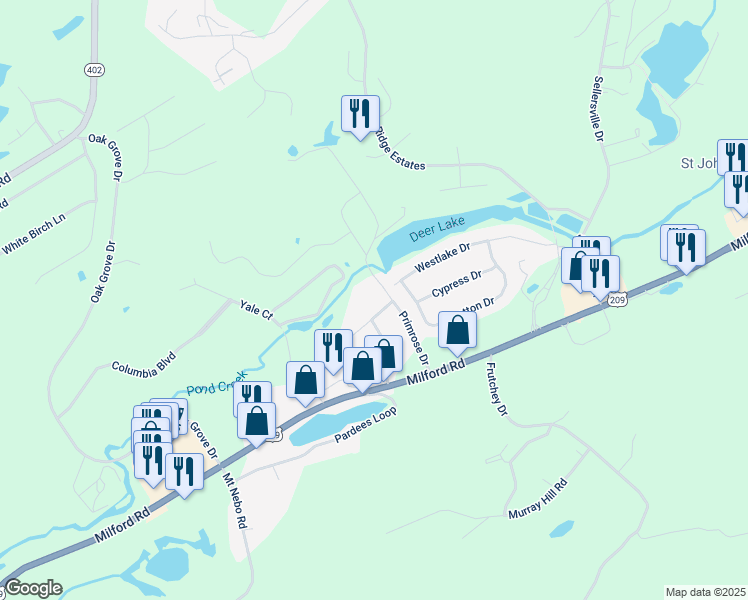 map of restaurants, bars, coffee shops, grocery stores, and more near 104 Prairie Lane in East Stroudsburg