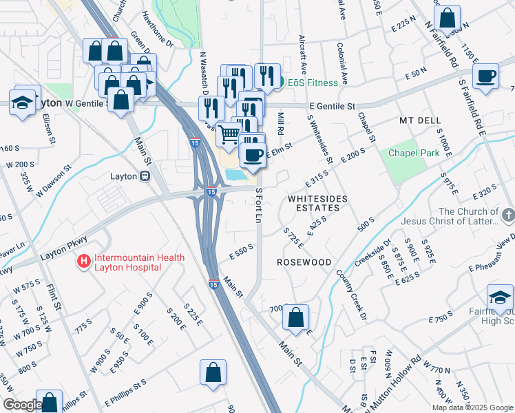 map of restaurants, bars, coffee shops, grocery stores, and more near 330 425 in Layton