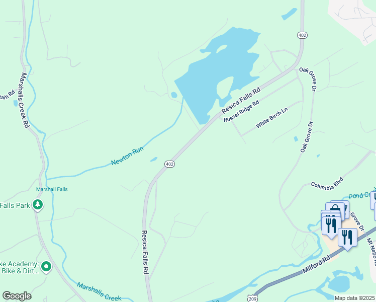 map of restaurants, bars, coffee shops, grocery stores, and more near 494 Resica Falls Road in East Stroudsburg