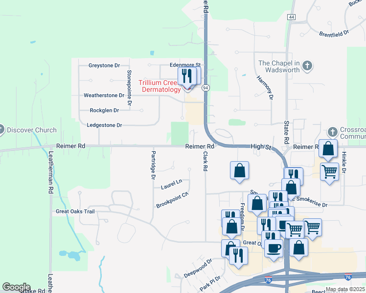 map of restaurants, bars, coffee shops, grocery stores, and more near 1390 Reimer Road in Wadsworth