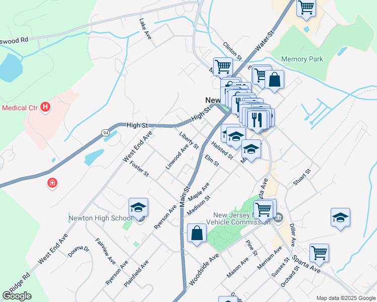 map of restaurants, bars, coffee shops, grocery stores, and more near 110 Main Street in Newton