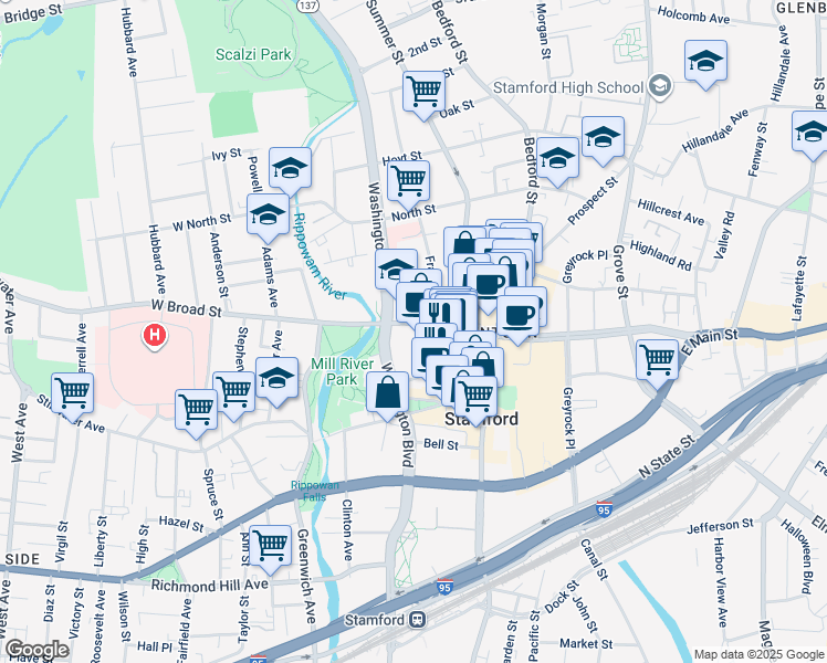 map of restaurants, bars, coffee shops, grocery stores, and more near 5 Broad Street in Stamford