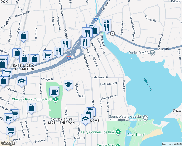 map of restaurants, bars, coffee shops, grocery stores, and more near 108 Seaside Avenue in Stamford