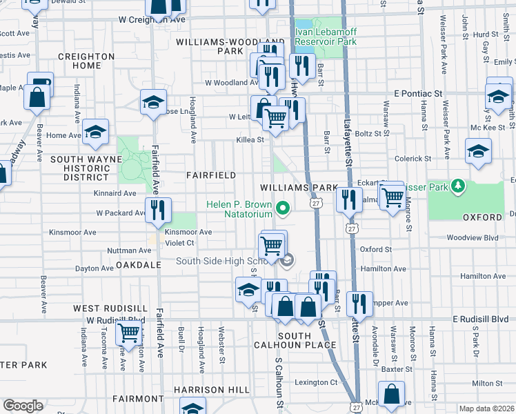 map of restaurants, bars, coffee shops, grocery stores, and more near 3231 Harrison Street in Fort Wayne