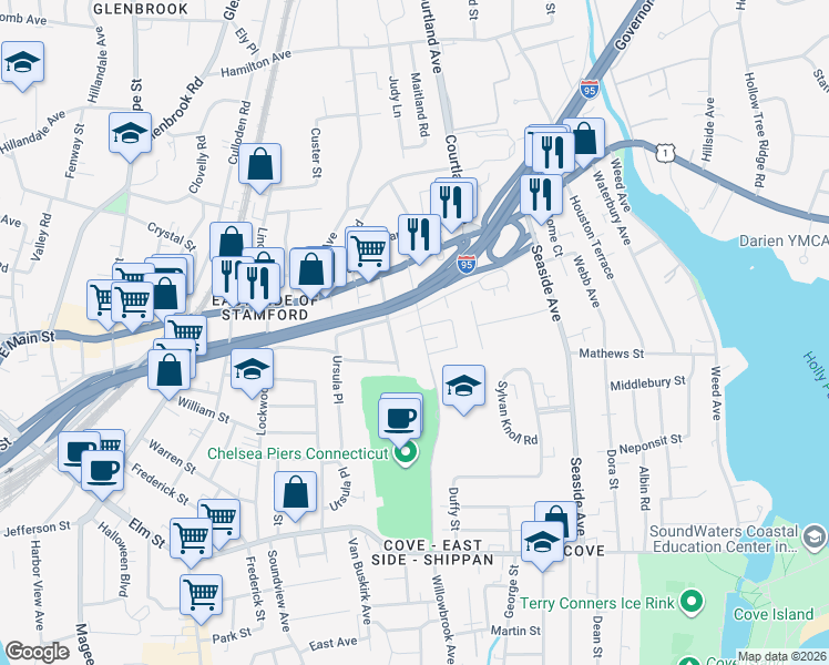 map of restaurants, bars, coffee shops, grocery stores, and more near 55 Blachley Road in Stamford