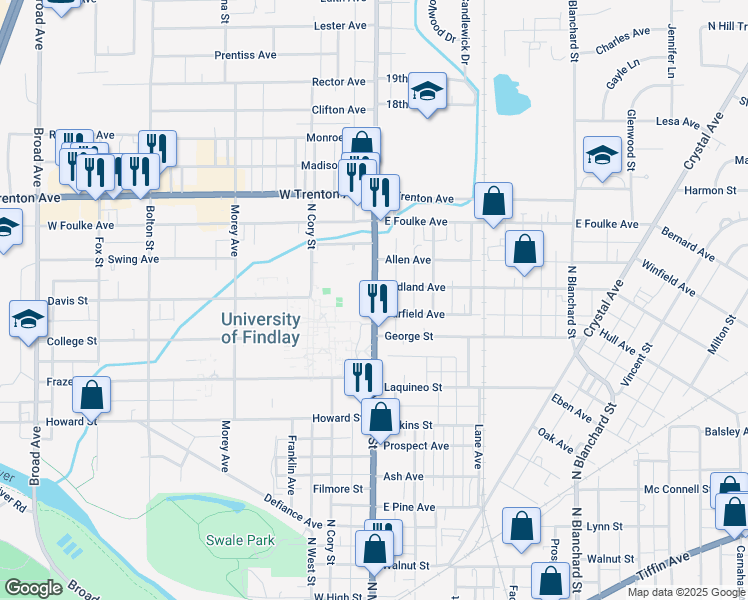 map of restaurants, bars, coffee shops, grocery stores, and more near 1100 N Main St in Findlay