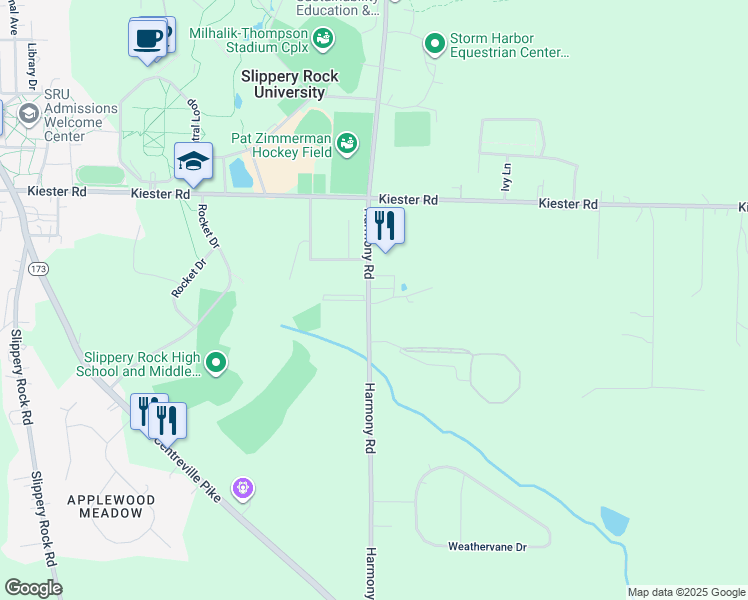 map of restaurants, bars, coffee shops, grocery stores, and more near 177 Harmony Road in Slippery Rock