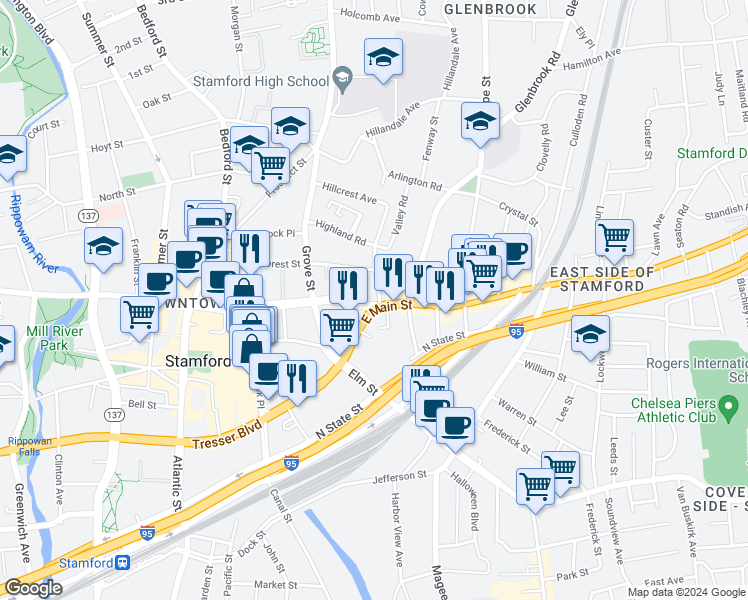 map of restaurants, bars, coffee shops, grocery stores, and more near 723 Main Street in Stamford