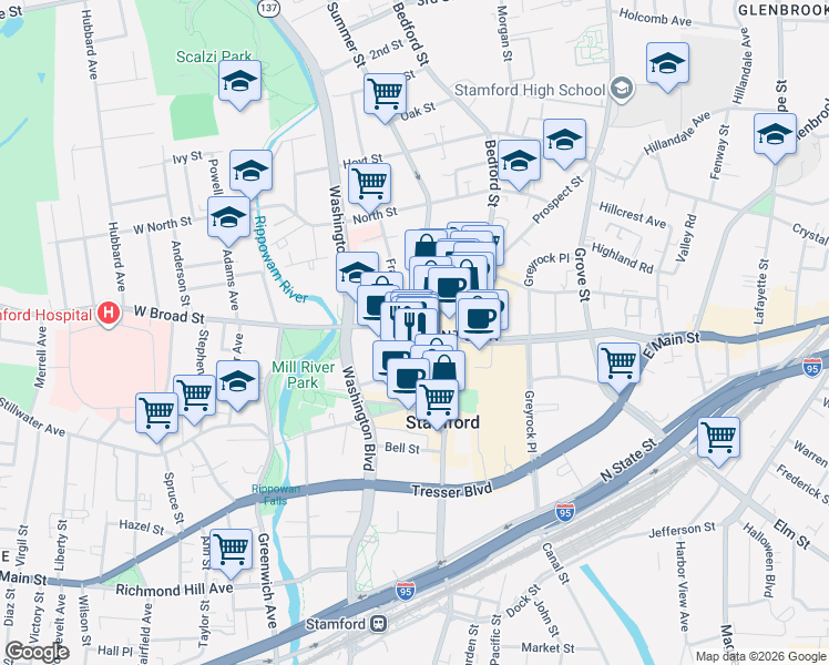 map of restaurants, bars, coffee shops, grocery stores, and more near 229 Summer Street in Stamford