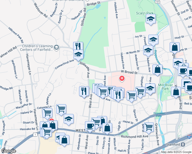 map of restaurants, bars, coffee shops, grocery stores, and more near 347 Stillwater Avenue in Stamford