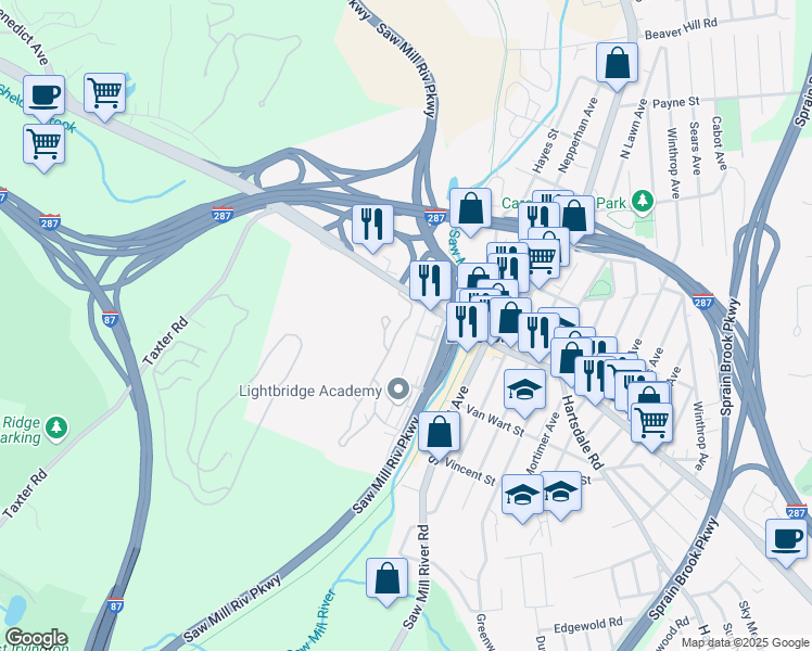 map of restaurants, bars, coffee shops, grocery stores, and more near 25 Valley Avenue in Elmsford