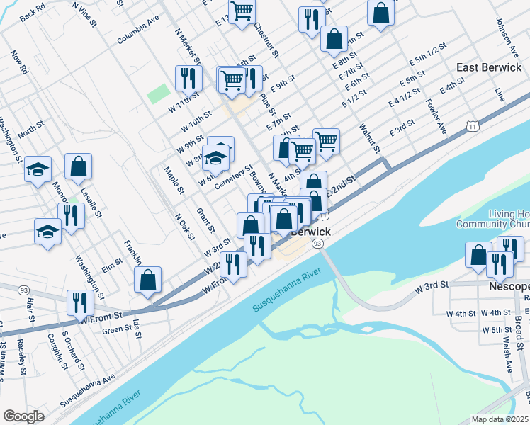 map of restaurants, bars, coffee shops, grocery stores, and more near 210212 North Mulberry Street in Berwick