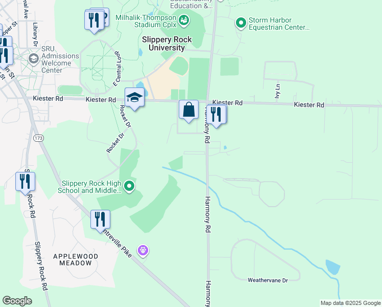 map of restaurants, bars, coffee shops, grocery stores, and more near 177 Harmony Road in Slippery Rock