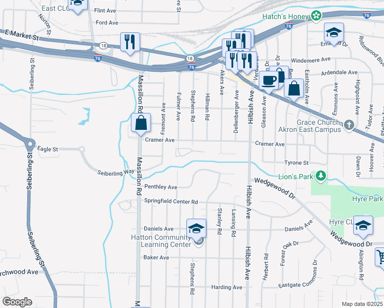 map of restaurants, bars, coffee shops, grocery stores, and more near 1930 Garden Court South in Akron