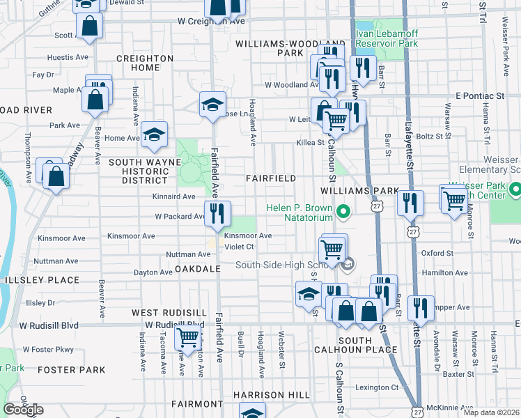 map of restaurants, bars, coffee shops, grocery stores, and more near 339 West Packard Avenue in Fort Wayne