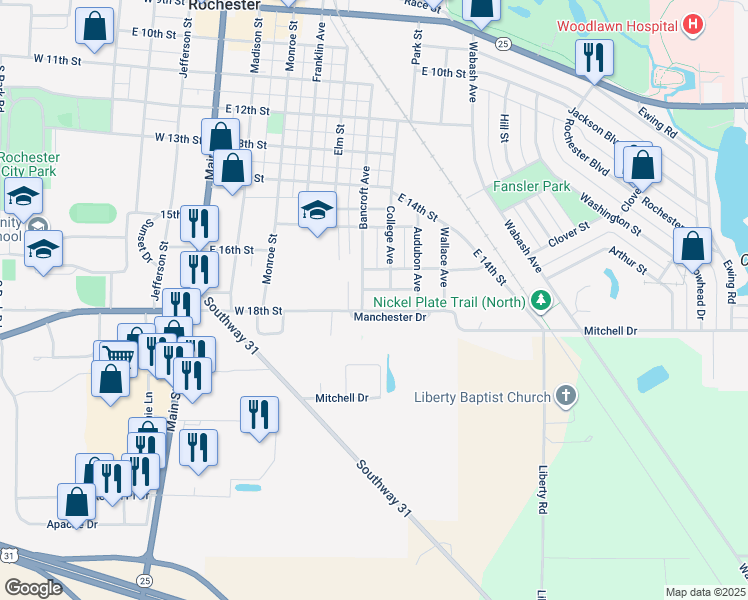 map of restaurants, bars, coffee shops, grocery stores, and more near 631-799 East 18th Street in Rochester
