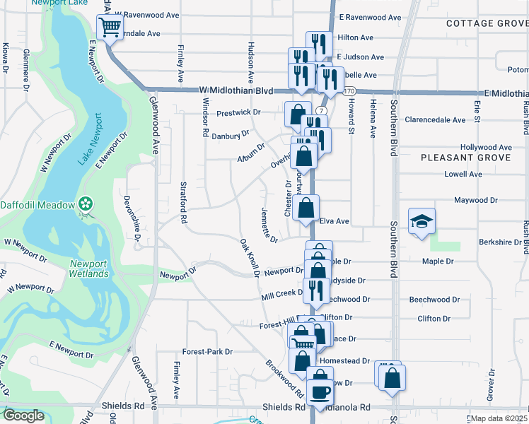 map of restaurants, bars, coffee shops, grocery stores, and more near 114 Jennette Drive in Youngstown