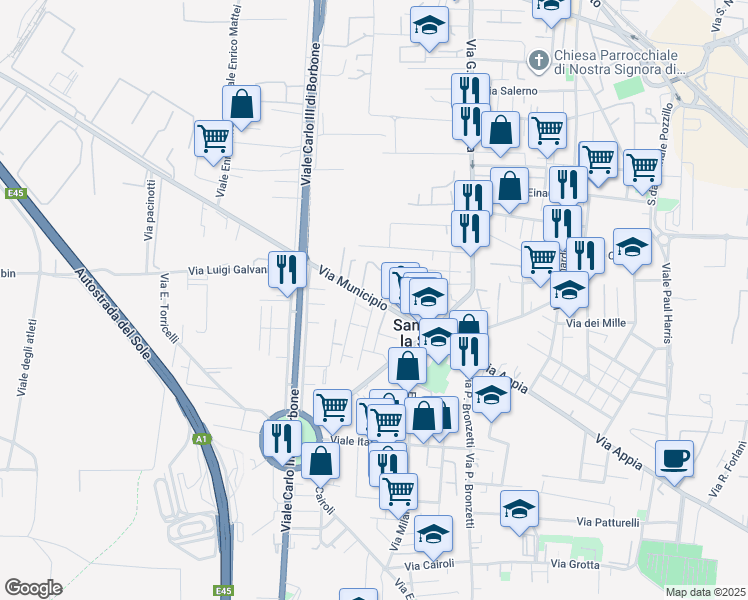 map of restaurants, bars, coffee shops, grocery stores, and more near 52 Corso Alcide De Gasperi in San Nicola la Strada