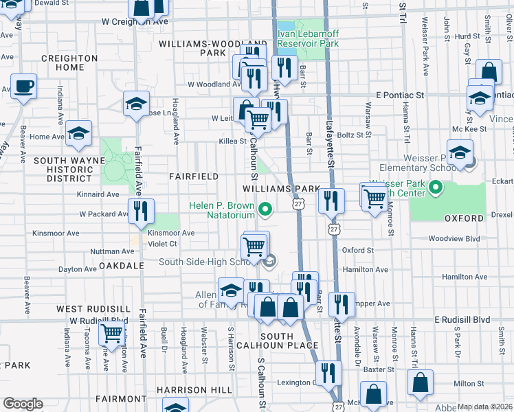 map of restaurants, bars, coffee shops, grocery stores, and more near 198 East Packard Avenue in Fort Wayne