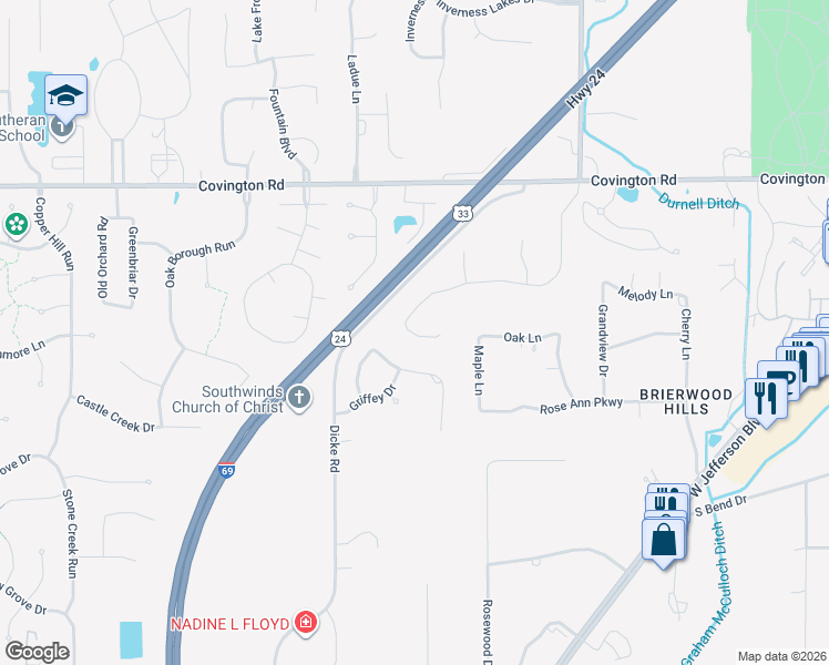 map of restaurants, bars, coffee shops, grocery stores, and more near 7532 Covington Hollow Pass in Fort Wayne