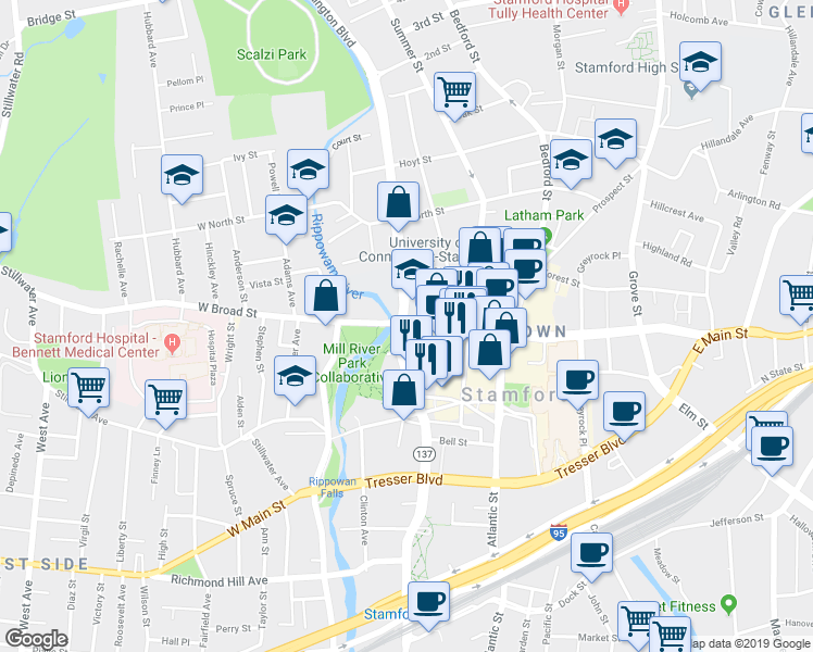 map of restaurants, bars, coffee shops, grocery stores, and more near 7 West Broad Street in Stamford