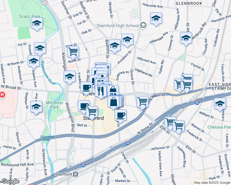 map of restaurants, bars, coffee shops, grocery stores, and more near 150 Broad Street in Stamford