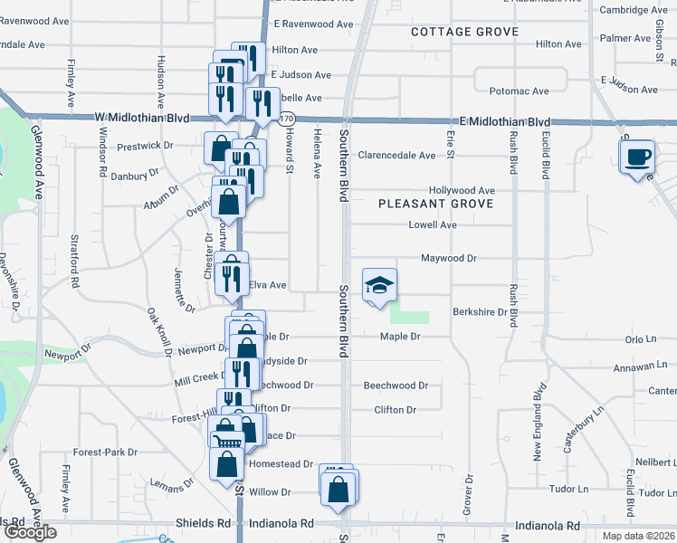 map of restaurants, bars, coffee shops, grocery stores, and more near 4334 Southern Boulevard in Youngstown