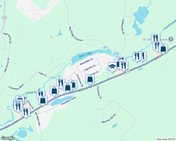 map of restaurants, bars, coffee shops, grocery stores, and more near Cypress Drive in Pocono Pines