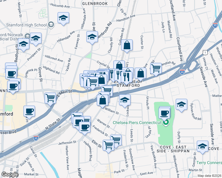 map of restaurants, bars, coffee shops, grocery stores, and more near 11 Myrtle Avenue in Stamford