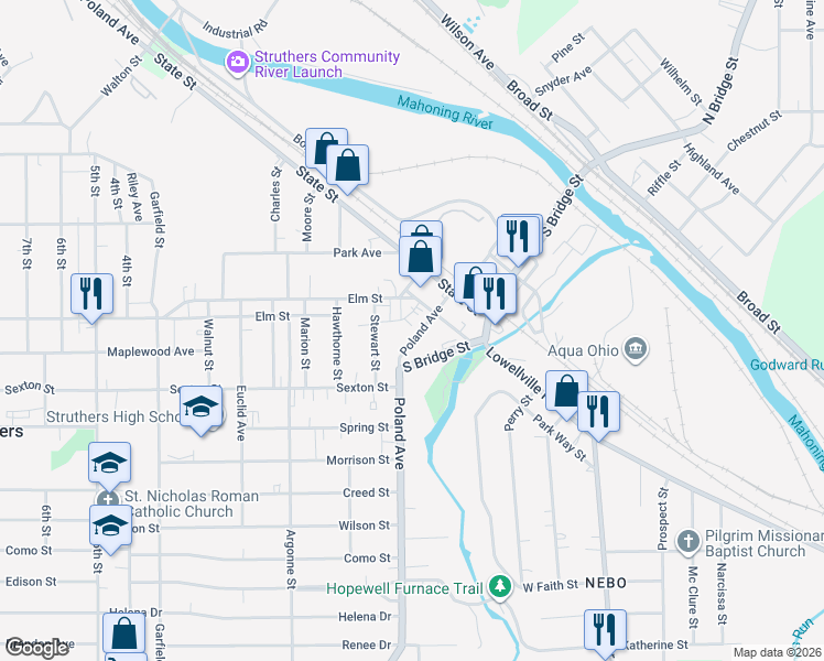 map of restaurants, bars, coffee shops, grocery stores, and more near 85 Poland Avenue in Struthers